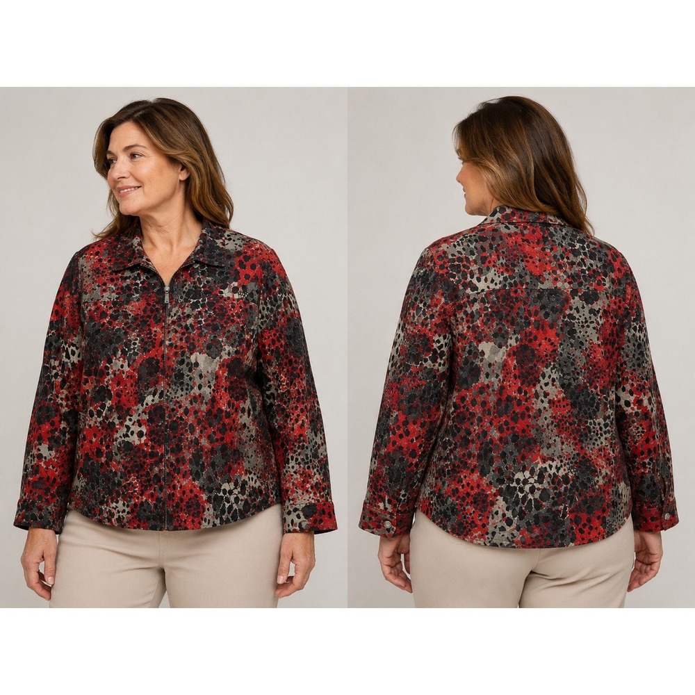 Ruby Rd. Woman Plus Size 22W Red Black Abstract Animal Print Zip Front Jacket...
